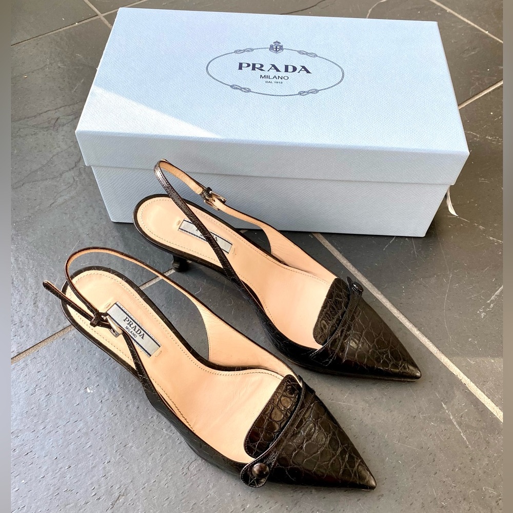 Prada Croc-Embossed Black Slingback Heels - size 7 1/2